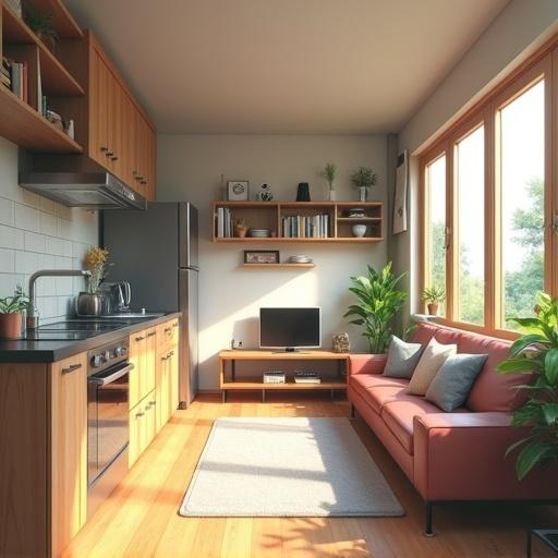 Small apartment designed for students featuring a kitchen with modern appliances a cozy sofa a TV area and large wooden windows with natural light