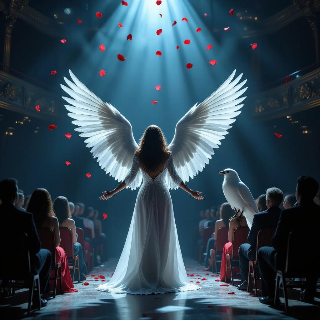 Scene in a theater with an angel singing. Angel has large wings and a white crow on shoulder. Red petals fall from above. Shadows of people in gala attire fill the seats. Light emanates from the angel, creating an ethereal atmosphere.