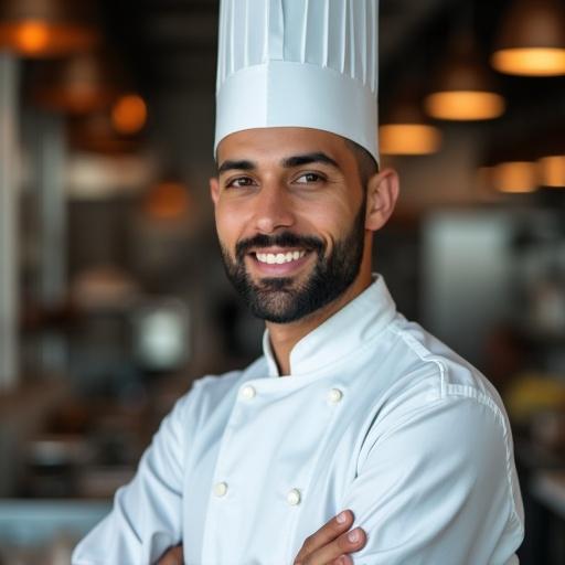 Closeup shot of a male chef with a white chef coat and hat in a modern kitchen. The chef stands confidently with arms crossed.
