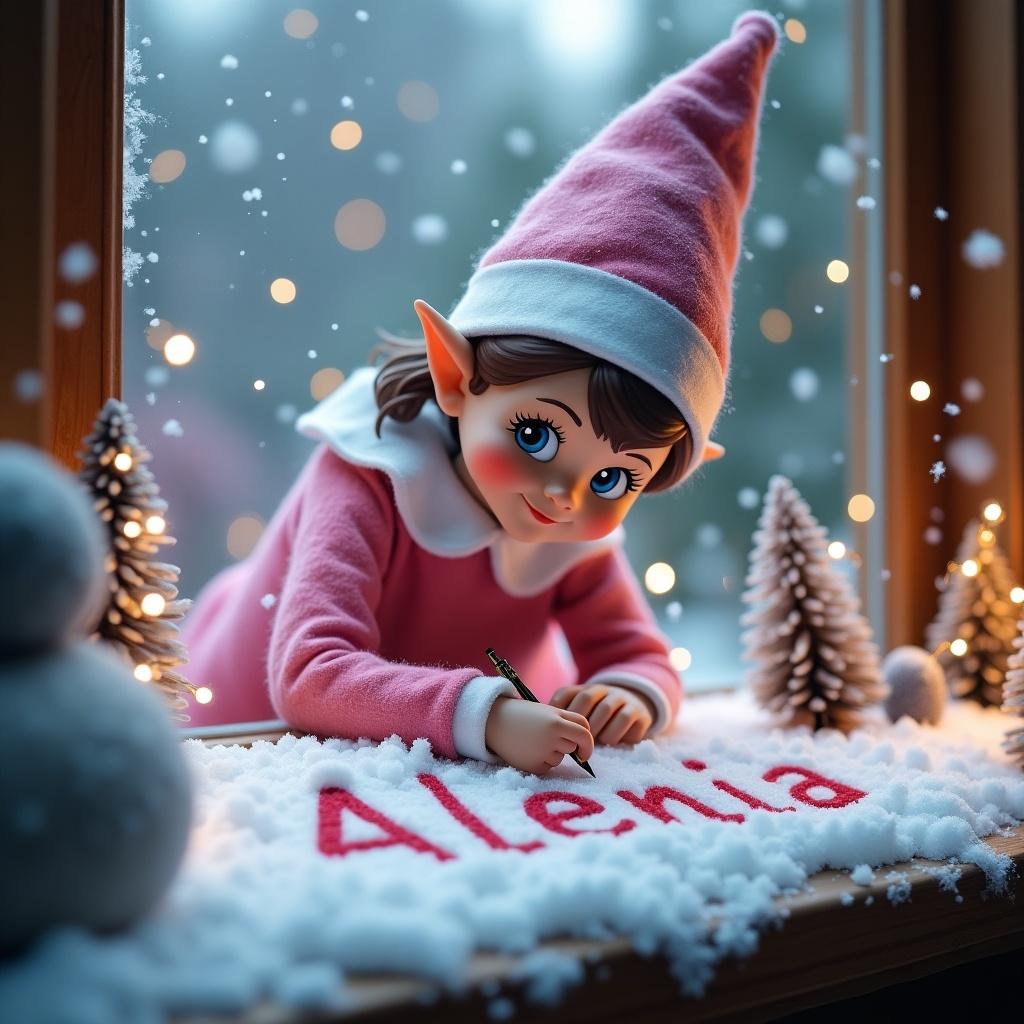 A pink girl elf on a shelf writing the word Alenia in the snow with a cheerful expression. Soft focus background with winter decorations.