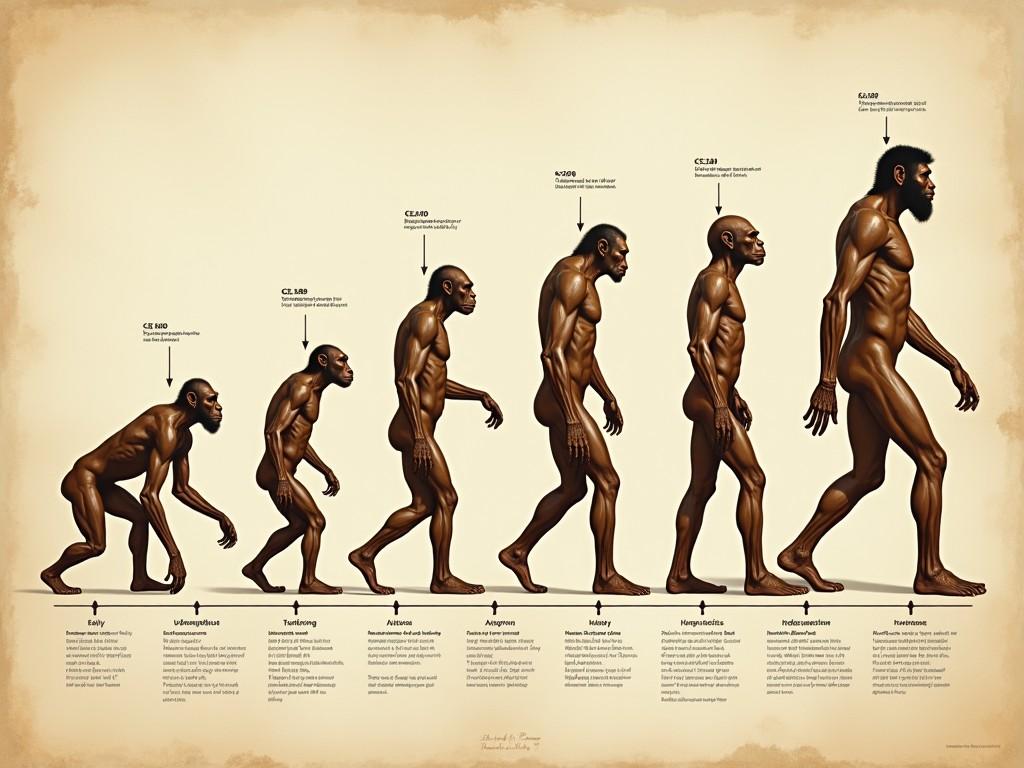 This image depicts a diagram illustrating the stages of human evolution. It showcases the progression of hominins from early ancestors to modern humans. Each figure is anatomically detailed and shows various traits. The artwork is designed to be educational and informative. It can be used in classrooms, textbooks, or museums to teach about human ancestry and evolution.