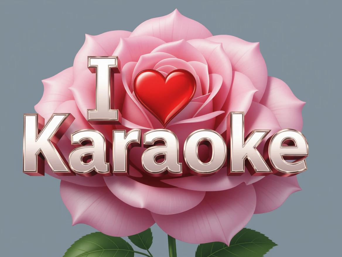 A beautiful rose with glossy petals. Prominent text saying 'I ❤️ Karaoke' in 3D metallic letters behind it. The overall design is sleek and visually appealing.
