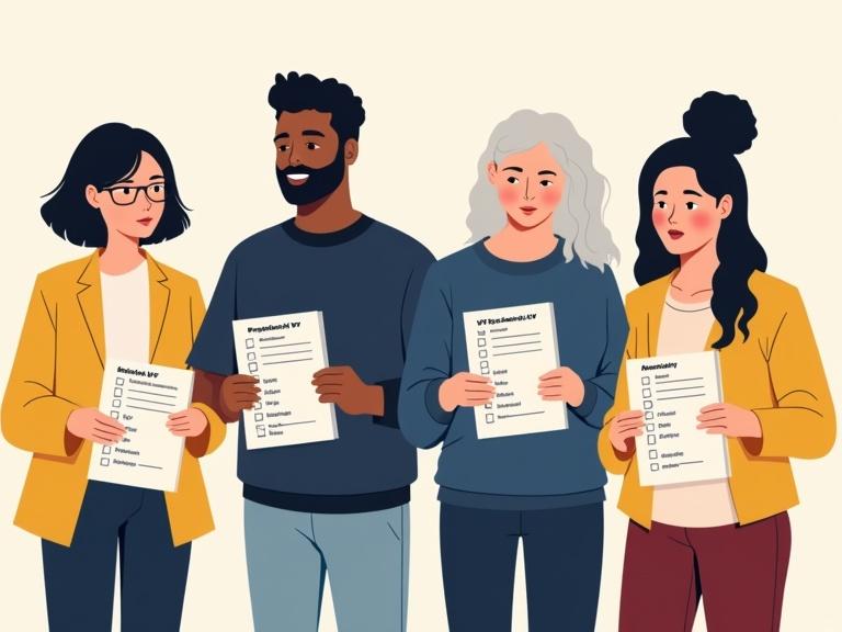 Illustration features four people holding voting ballots for a club election. People are diverse in ages genders body shapes and ethnicities. One person is an older short Asian woman with fuller body. Another is a tall slim young Black man. The third is a middle-aged white woman of average build and androgynous look. The last is a young south-east Asian woman. Ballots show names for each role—President VP Secretary with one name checked per group. Each person holds their ballot in a unique way. Color palette consists of navy blue maroon pale yellow.