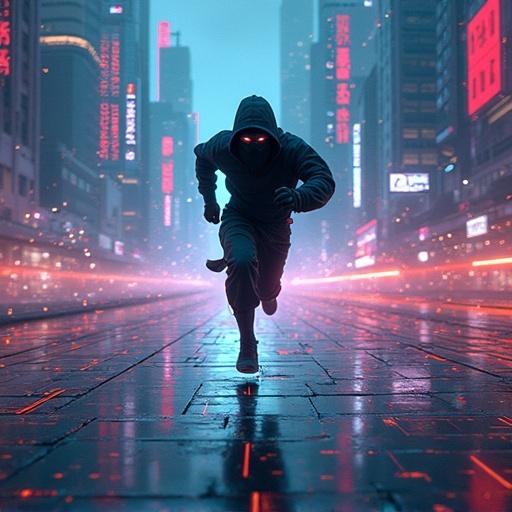 Cyber ninja runs swiftly across a digital cityscape. Glitched city seen through prismatic data storms. Falling tiles made of binary code create a futuristic atmosphere. Dark and neon colors dominate the scene.