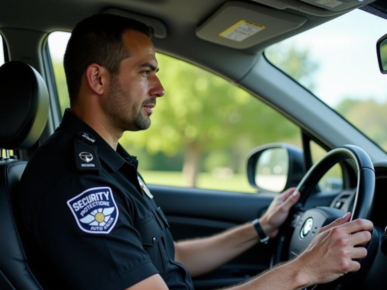 The image depicts a security guard driving a car. He is wearing a black uniform with a badge that identifies him as part of a protective services company. The guard is focused on his duties, with one hand on the steering wheel and the other holding a communication device. The interior of the car is visible, showing a relaxed environment. In the background, green trees and open spaces can be seen through the windshield.