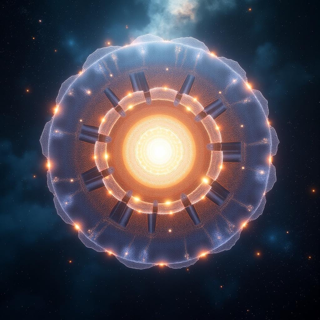 A hyper-realistic and cinematic view of a quantum defense barrier enveloping a radiant figure. Set in a deep space background with complex cosmic elements and multi-layered shield design. Features intricate energy flows, glowing effects, and perfect geometric patterns to convey safety and power.
