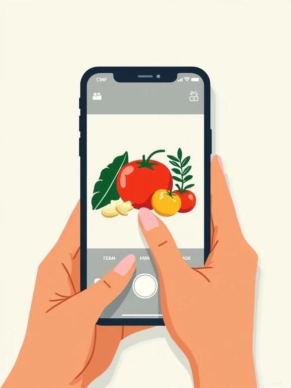 A modern clean illustration shows a smartphone camera taking a photo of colorful food ingredients. The phone screen displays a camera viewfinder focused on vegetables like tomatoes and herbs. The style is minimalist with geometric shapes. The background is clean with subtle shadows.