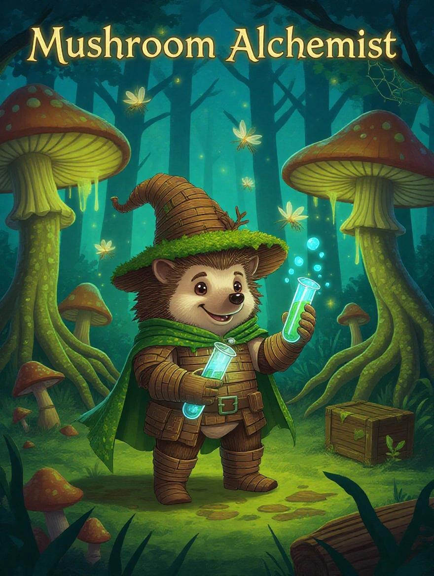 A hedgehog in tree bark armor holds a blue-glowing test tube. The setting is a forest clearing with giant mushrooms oozing glowing liquids. He wears a moss hat and a cobweb-woven cape. Luminous roots emerge from the ground. Fireflies carrying stardust are present.