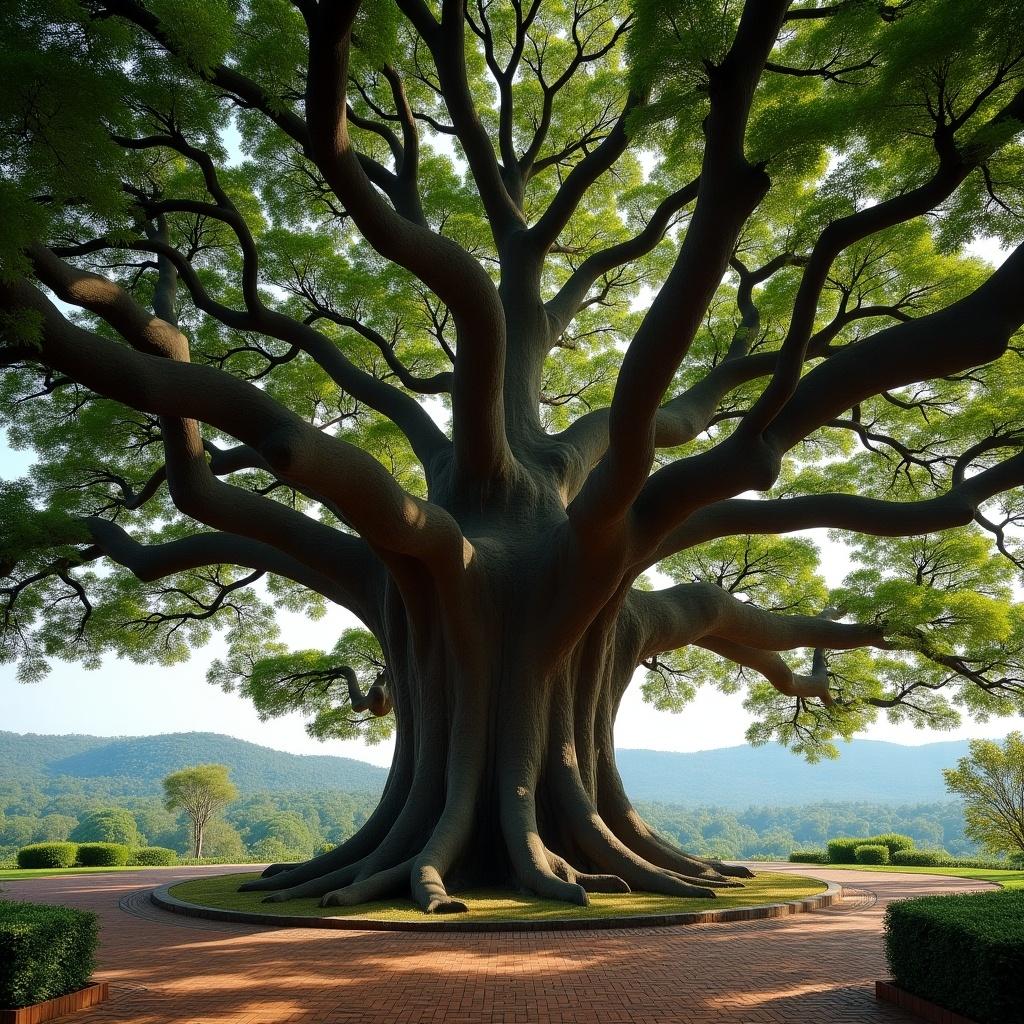 Majestic banyan tree with expansive branches and lush leaves. Setting in a tranquil landscape with rolling hills and bright sky. Strong trunk and intricate root structure prominent.