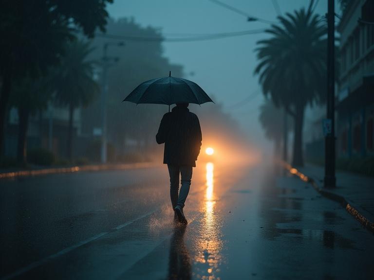 A lone figure walking with an umbrella in the rain. Backlit by distant warm light. Puddles on the street. Moody cinematic lighting. Dark blue and grey color palette. Emotional atmosphere. Wide shot with reflective mood. Soft mist in the background.
