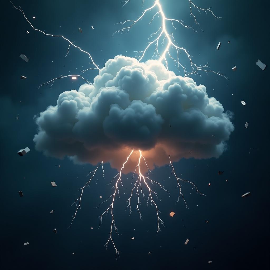 A digital artwork features a small storm cloud with vivid lightning. The cloud looks ominous, bright flashes light up the scene. Metal scraps fly around and inside the cloud, creating chaos. The colors are dark, emphasizing a dynamic storm. The artwork expresses awe and intensity.