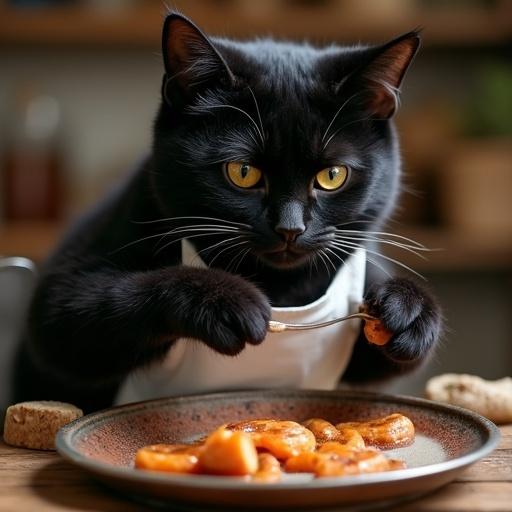 Realistic rendering of a black cat chef preparing food in a kitchen. Professional kitchen setting with other cats in the background.