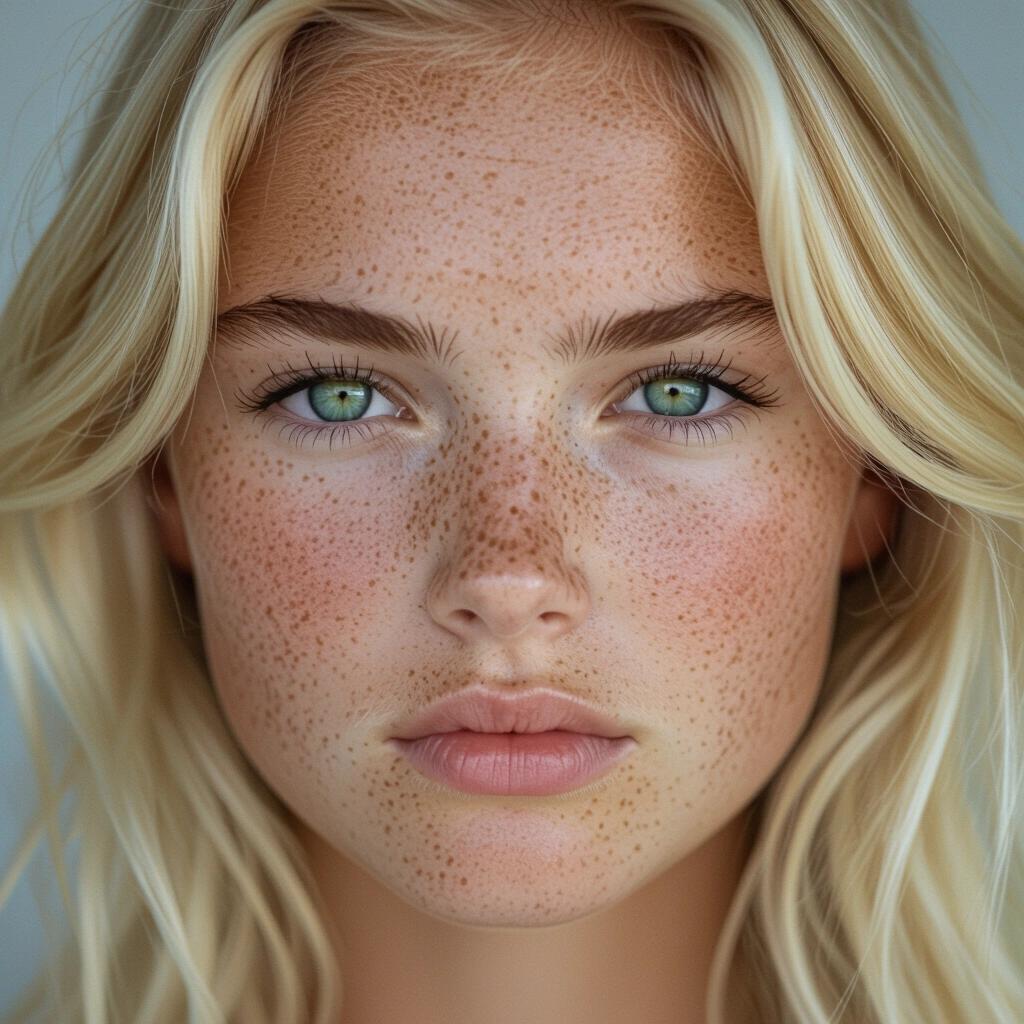 Close-up view of a blonde girl with freckles. She has a playful fierce expression. Focuses on her hair and eyes.