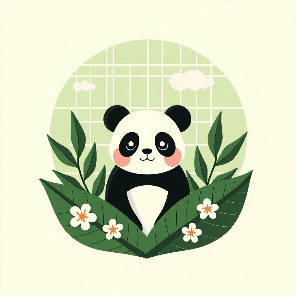 Design features a cute panda in front of green leaves. Background is a grid pattern. Image promotes eco-friendliness and sustainability. Panda is stylized and inviting. Flowers are present around the leaves.