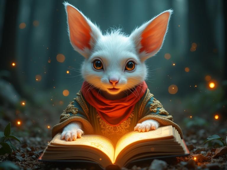 A mystical white-furred creature with large ears gasps in surprise. It discovers an ancient book that emits a golden glow. The creature leans forward eagerly. Delicate paws rest on the pages. Dressed in a robe with gold patterns and a red scarf. It is a focal point in a shadowy forest. The air is thick with magical energy. Shimmering reflections on its fur create an enchanting atmosphere.