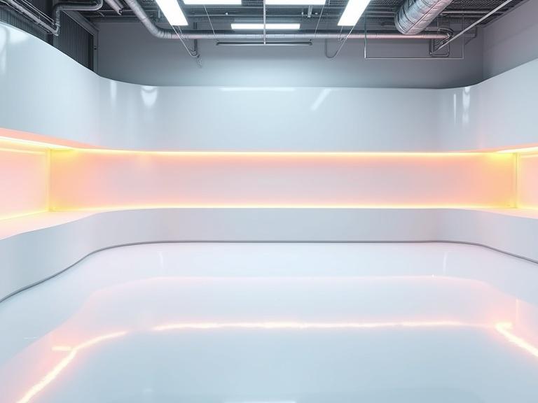 Photorealistic panoramic view of a modern high-tech laboratory. Clean and uniform environment with a continuous back wall divided into three equal horizontal sections. Wall features soft 3D shapes with glowing orange LED strip. White glossy floor reflects ambient light. Ceiling shows exposed ducts and metallic pipes.