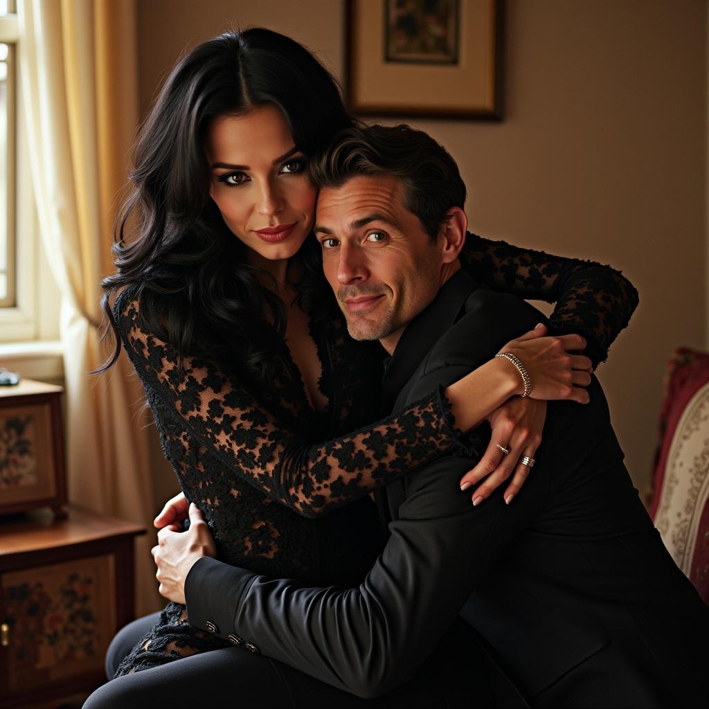 The image features a couple in a warm and intimate embrace, radiating romance and connection. The woman is wearing a stunning black outfit with lace detailing, highlighting her elegance. The man is dressed in a sleek black suit, complementing her style perfectly. Their facial expressions suggest affection and intimacy, creating a captivating scene. The soft, natural lighting adds warmth to the ambiance, enhancing the emotional impact of the photograph.