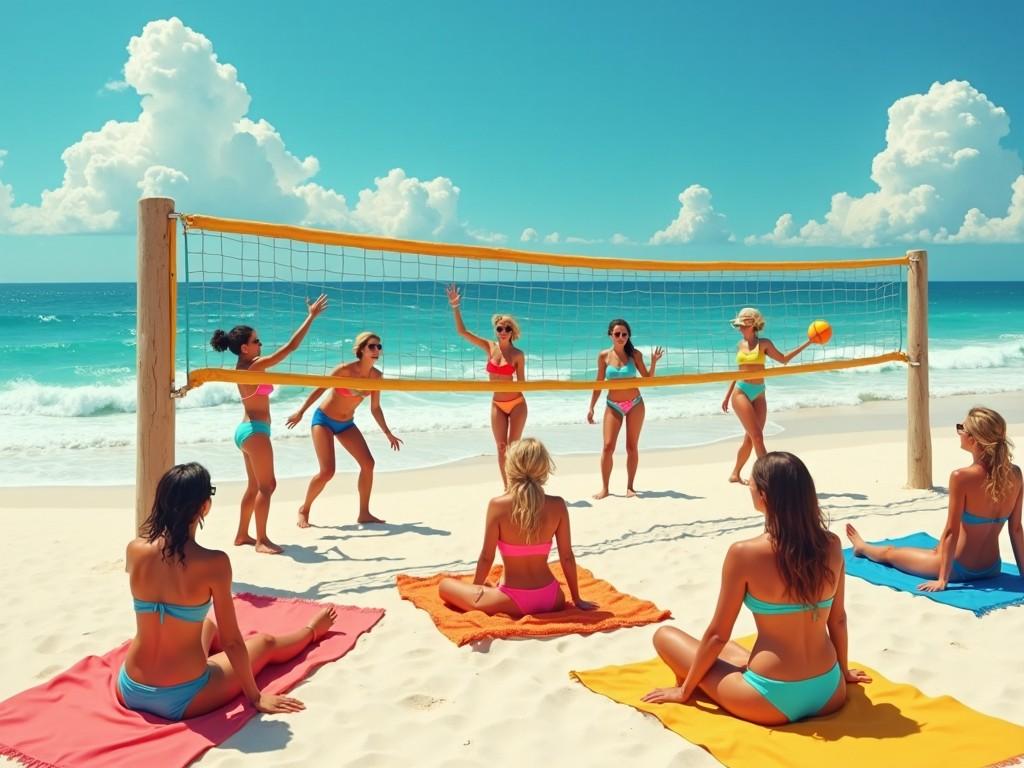 The image depicts a vibrant beach scene with a group of women playing beach volleyball. They are dressed in colorful swimsuits and are engaged in a lively game. Some of the women are positioned on the sand, while others are actively participating in the game at the net. The ocean waves crash in the background under a bright blue sky with fluffy white clouds. The atmosphere is filled with energy and enjoyment, highlighting the thrill of summer and outdoor activities.