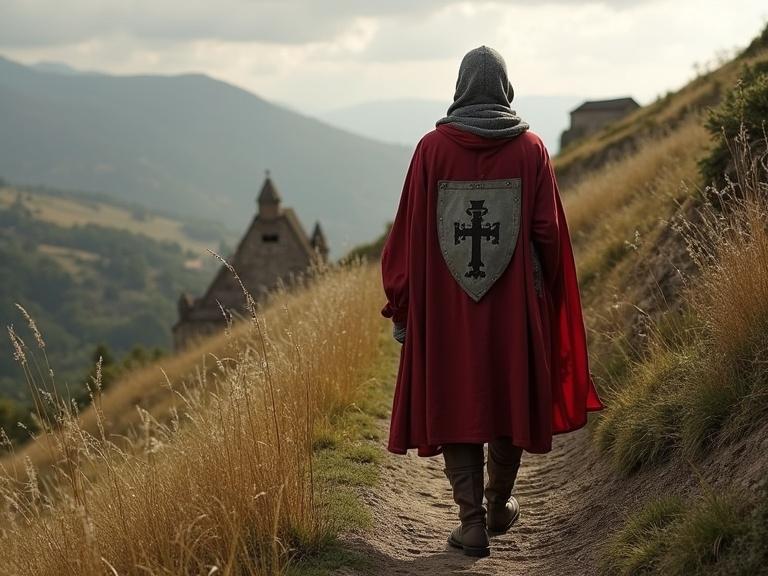 Medieval pilgrim walking along the Camino de Santiago. The pilgrim wears a red cloak and carries a shield. The landscape features rolling hills and distant buildings. A quiet atmosphere prevails in the scene.