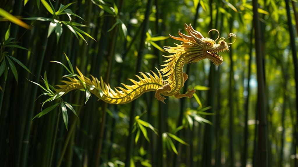 A golden dragon intricately entwined among the lush bamboo stalks.