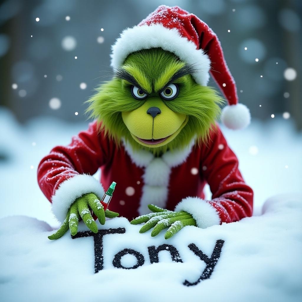 Grinch in Santa suit writes 'Tony' in snow. Holiday theme. Fun and whimsical scene.