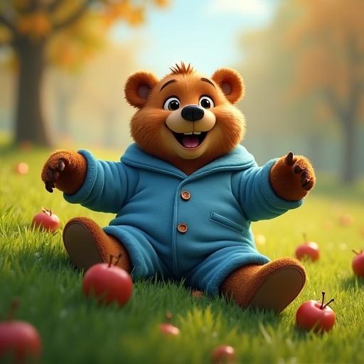 A bear in blue pajamas rolling down a green hill with laughter and surprise. Apples bounce around him. Strong focus on his expression.