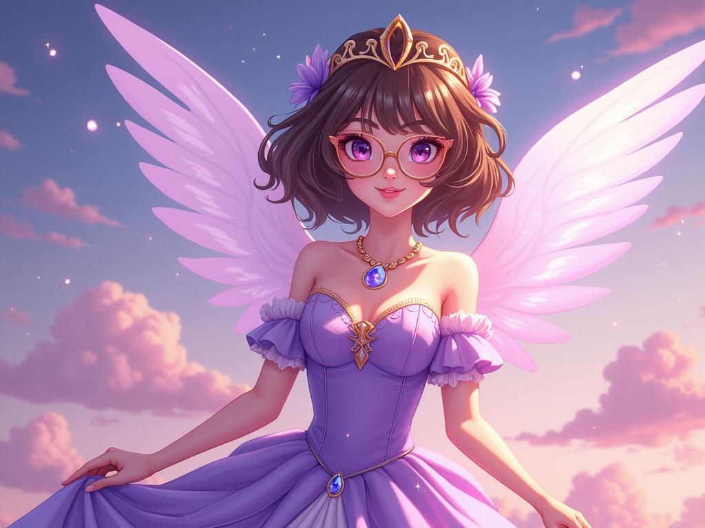 Vertical portrait illustration of an anime princess with short brown hair. Character wears glasses and a purple dress. She embodies happiness and has wings representing the air element. Background features fantastical elements.