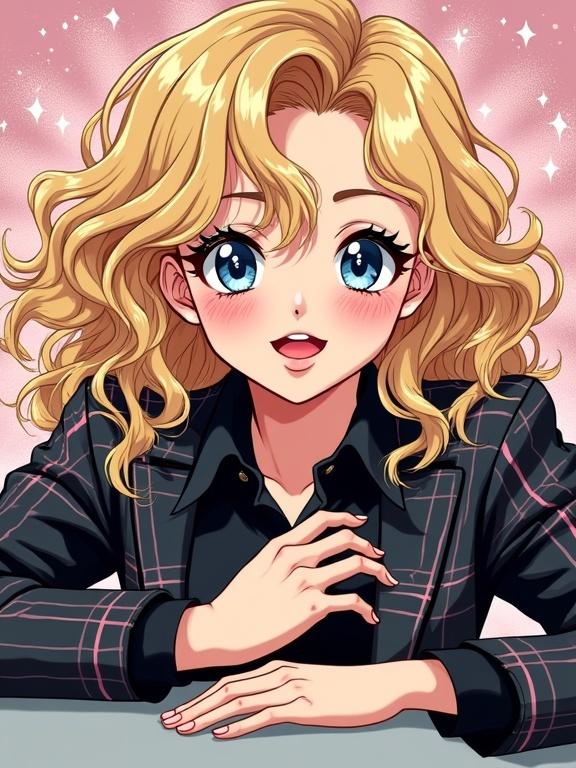 Close-up portrait of a 20-year-old crossdressing person in shojo manga style. Person features large sparkling eyes with dramatic lashes. Hair is voluminous and blonde with exaggerated movement. Facial features blend masculine and feminine characteristics. Expression shows surprise with rosy blush and bold red lips. Wears a black collared shirt under a dark plaid blazer. Left hand rests on gray surface. Right hand in classic shojo pose. Background has screentone patterns and floating flowers.