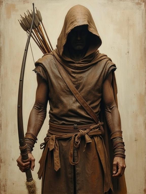 A lean wiry figure stands holding a longbow. Hooded head reduces visibility of the face. Figure wears a sturdy leather jerkin. Quiver of arrows hangs over one shoulder. Uneven fletchings and barbed tips on arrows suggest heavy use. Soft lighting creates an antique effect. Classic art style pulls from historical painting techniques.