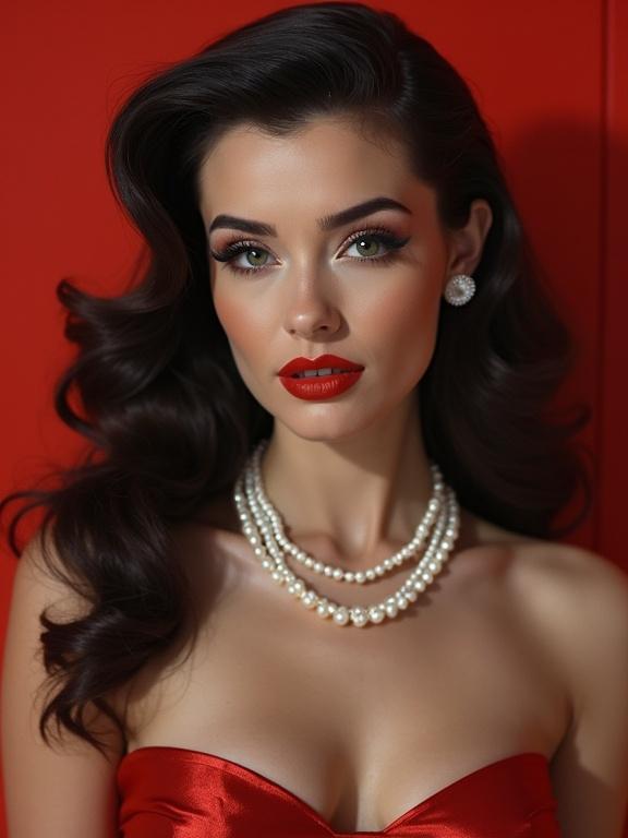 A fusion of selective color photography and pencil illustration with a monochromatic rendering featuring a bold red accent element. A beautiful woman with long wavy brunette hair wearing a red metallic dress and a three-strand pearl necklace. Direct eye contact with a strong expression. Delicate texture and subtle atmospheric particles enhance emotional depth.