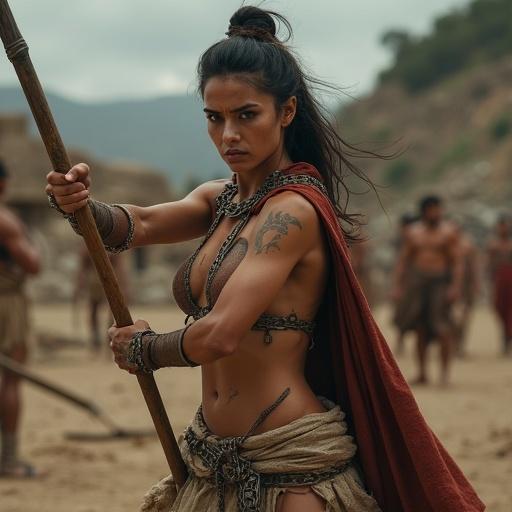 A woman with mixed heritage in ancient Spartan attire. She poses in a combat stance with a makeshift xiphos and a wooden spear. Athletic build with visible muscle definition and tattoos. The backdrop is an ancient Spartan battlefield featuring rocky terrain and burning camps. Overcast light highlights her attire and physique. Ultra-realistic and detailed.