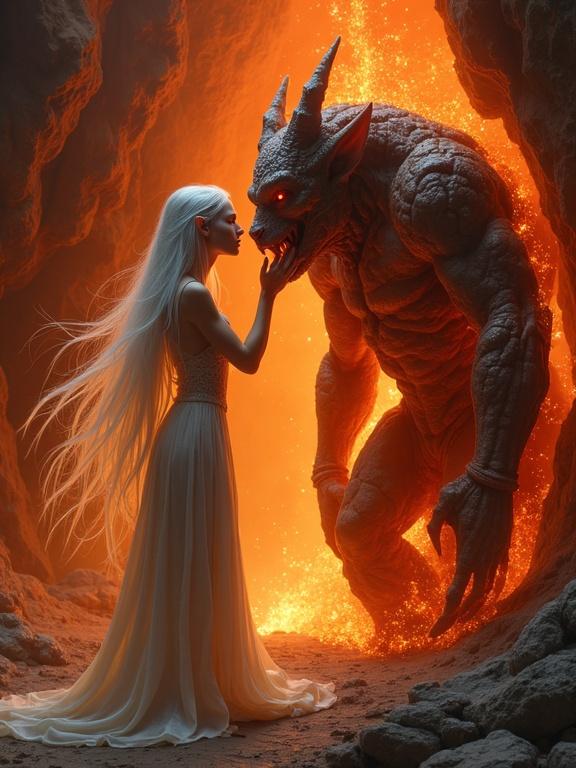 A delicate pale-skinned elf girl with flowing silver hair gently caresses the face of a towering molten rock golem. They are deep in a glowing lava cave with their eyes locked in mutual affection. Firelight flickers on the stone walls and heat shimmers in the air. The scene is filled with warm red and orange tones.