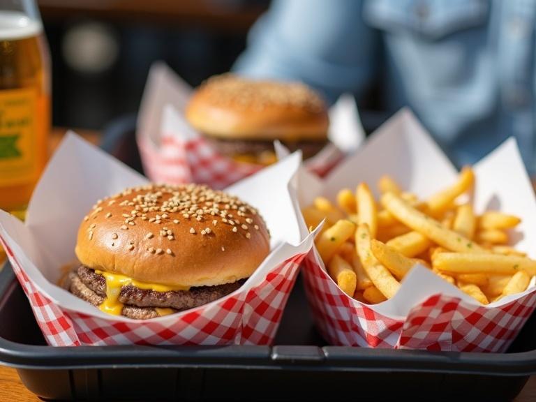 Photograph of a meal on a black plastic tray. Close-up of two white paper baskets with red checkered patterns. One basket contains a cheeseburger with a sesame seed bun and beef patty. The other basket has crinkle-cut fries with green herbs. A third basket holds a cheeseburger covered in checkered paper. Background has a blurry person in light blue jeans and a glass beer bottle with a yellow label on the left. Bright natural lighting creates a casual dining atmosphere outdoors. Detailed textures are visible on the bun and fries.