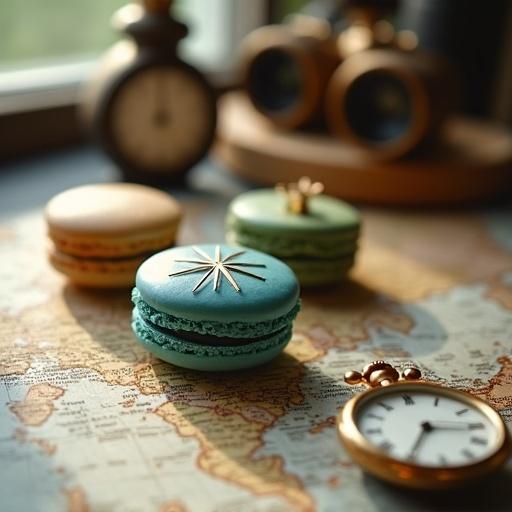 Display three macarons on a vintage world map. Earthy tones include sandy beige deep green and sky blue. One macaron features a compass rose design. Another has a miniature edible mustache representing continents. Arrange the macarons near a small open pocket watch and binoculars. Soft natural sunlight illuminates the scene suggesting exploration and cherished memories.