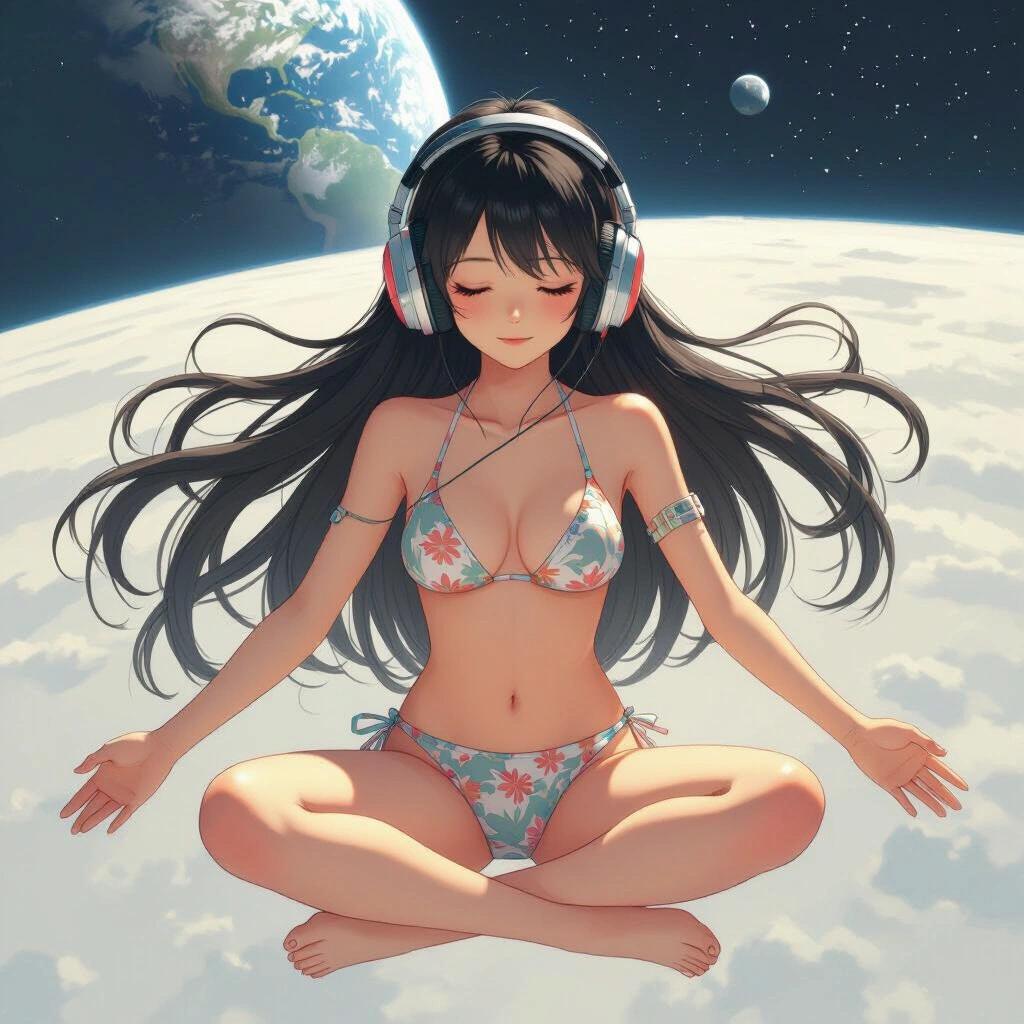Anime girl with long hair wearing bikini is sitting cross-legged in space. She is floating above the moon. Huge planet Earth visible in background. Eyes closed, wearing large headphones.