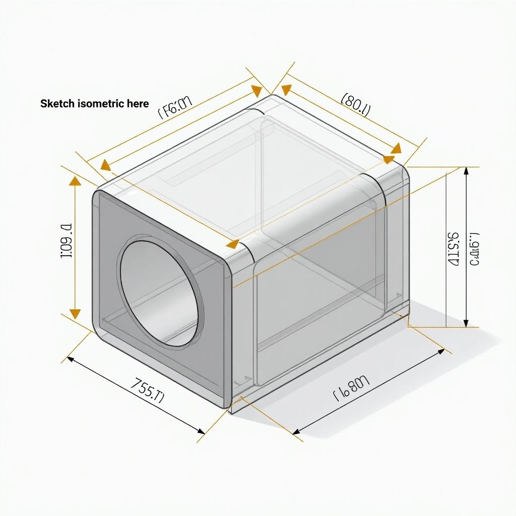 Showcase a transparent outline of a rectangular box in isometric view. Indicate dimensions clearly in inches. Include measurement lines and notes in yellow on a gray background. Feature orthographic views with front, top, and side views, labeled with metric dimensions. Highlight circles, angles, and notations for radii and diameters. Mark a section for viewers to sketch an isometric view. Provide detailed measurements for manufacturing processes.