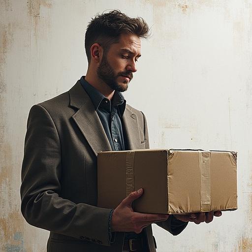 The image depicts a man dressed in a suit, resembling a draftsman, holding a cardboard box with a serious expression, reflecting themes of reliability and procrastination in business.
