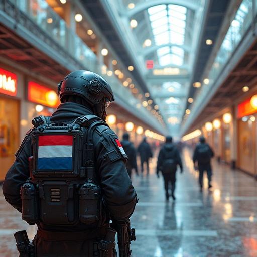 Dutch military forces with futuristic weapons infiltrate a large abandoned urban shopping mall. Surrealistic style with vibrant colors and futuristic architecture. Hyperrealistic graphics with high detail and sharp textures.