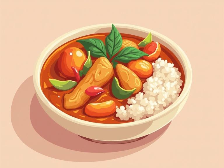 Illustration of Thai red curry with chicken vegetables and herbs. Rich coconut milk and jasmine rice served in a bowl. Flat cartoon-style with geometric shapes and soft rounded edges. On solid background with good contrast.