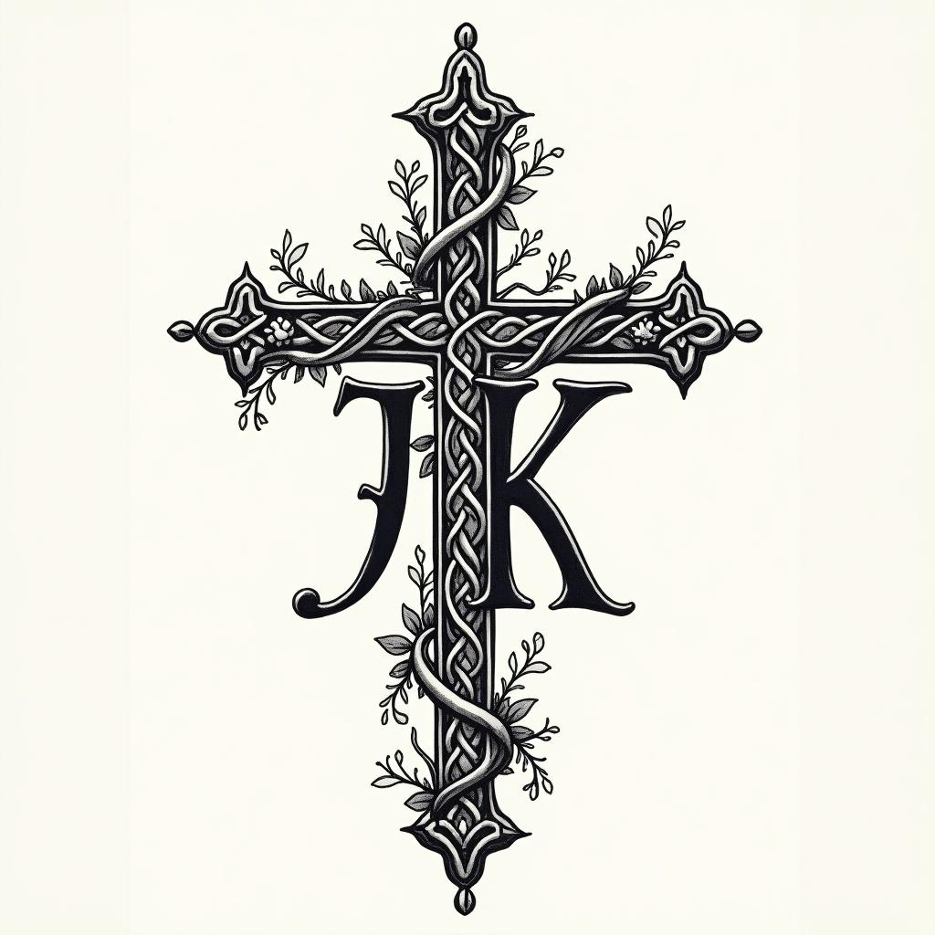 Tattoo design with a cross and intertwined initials J K. Cross adorned with vines. Decorative and elegant elements included.