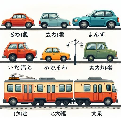 Generate a realistic image with multiple vehicles such as cars and trains that children likely enjoy. Include the name of each vehicle written in Japanese underneath it.