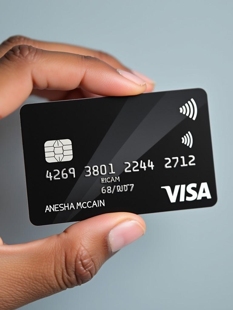 Realistic Visa credit card shown in hand. Card features a black color with a chip and wireless payment symbol. It displays a card number and exp date.