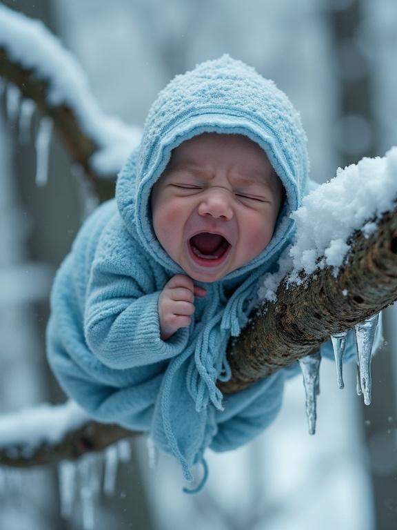 Close-up of a crying swaddled baby in a light blue blanket. Baby's blanket snagged on a gnarled branch over a deep snowy chasm. Wind whips the blanket. Tiny fingers visible. Icicles on the branch. Background snowy scene. Cinematic style with highly detailed textures.