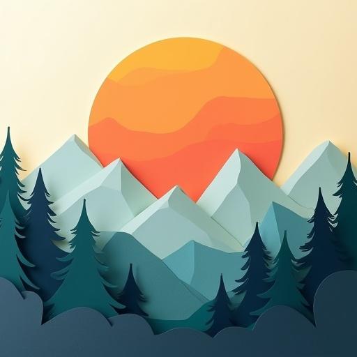 Cut-paper inspired mountain layers with a large sun in the background. Mountains in soft colors create layers. A bold sun or moon is centered in the image. The design is simple yet striking with a modern look.