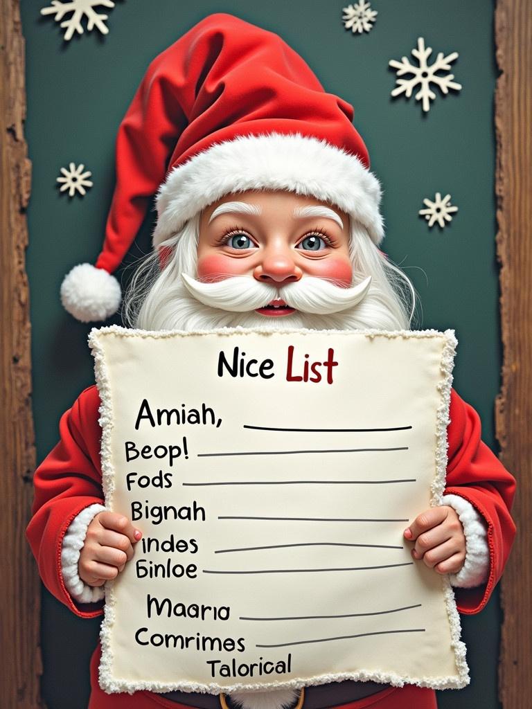 Santa holds a nice list. The list includes names like Amiah, Beopl, Fods, and others. The background features snowflakes. A warm festive atmosphere is present.