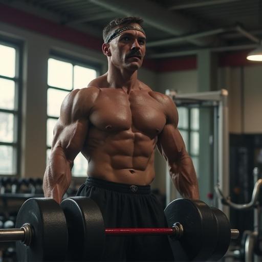 A muscular individual working out inside a gym. Person lifts heavy dumbbells wearing fitness training gear. Focus on strength and muscle development in a bright gym setting.