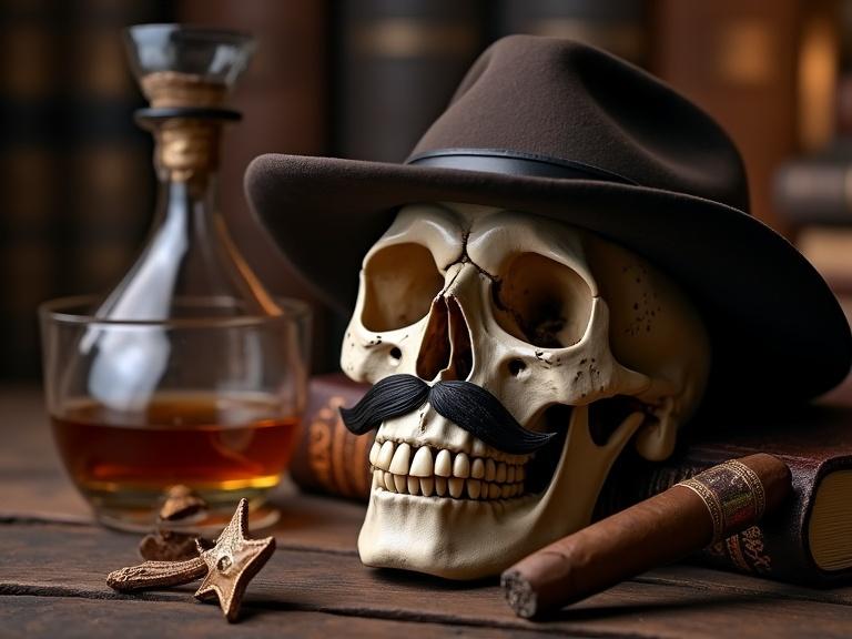 Close-up image of a masculine skull wearing a cowboy hat with a mustache. Surrounding elements include a whiskey glass, a whiskey bottle, and a Cuban cigar all set on a rustic wooden surface. Background features warm ambiance reminiscent of a study or den setup appropriate for Father's Day celebration with text space for 'HAPPY FATHER'S DAY'.