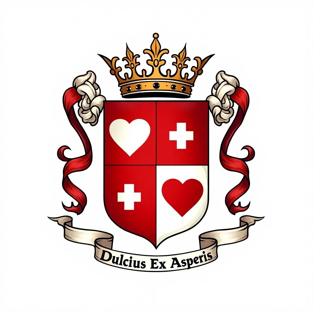 Heraldic design featuring a shield divided into four sections with red and white charges. Includes hearts, a Swiss escutcheon, and a crown above the shield. Surrounded by ribbons with the motto 'Dulcius Ex Asperis.'