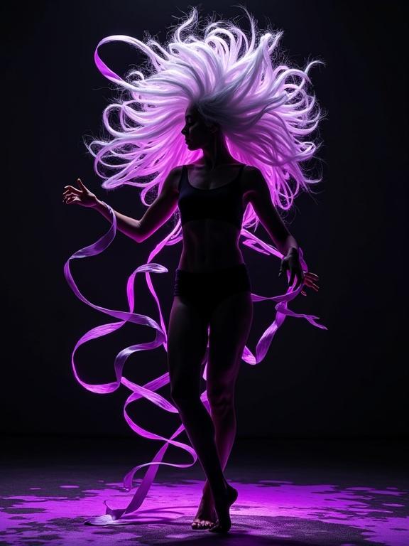 Dancer silhouetted in artful pose. White hair flows with intricate neon purple ribbons. Macro photography style. Hyper-realistic digital art. Vibrant metallic sheen with sharp lighting effects. Silver aura glows softly in a matte black background with splattered paint. High dynamic range with glowing edges and fine textures. Inspired by H.R. Giger. Close-up view.