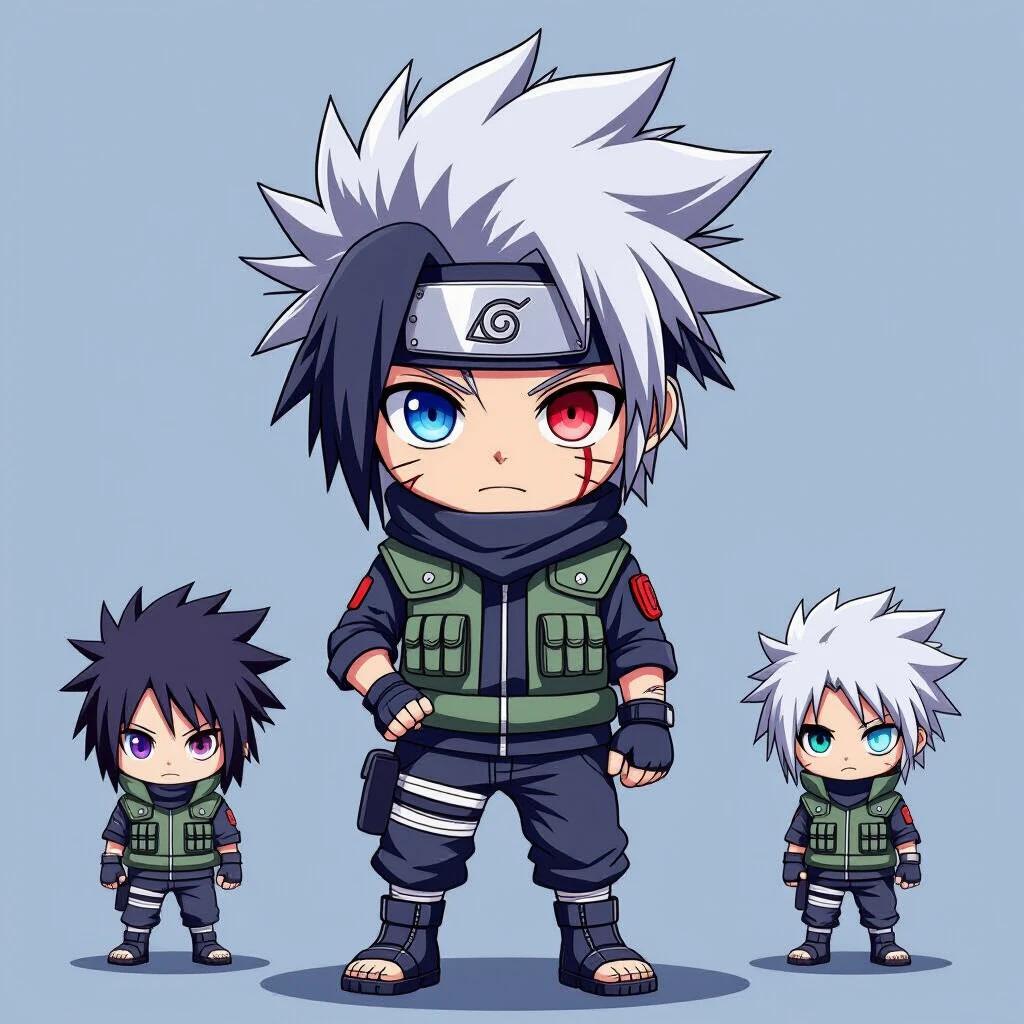 Male anime chibi character with a mysterious cool vibe. Inspired by Kakashi Hatake and Shikamaru Nara. Stylish underground streetwear. Features layered hoodie cargo pants and combat boots. Includes fingerless gloves and subtle scars. Messy hair covering one eye. Confident relaxed pose. Intense big chibi eyes. Tiny round body oversized head. Authentic Japanese anime chibi proportions. Clean lineart and smooth cel shading. Vibrant urban color palette. Studio quality illustration without background.